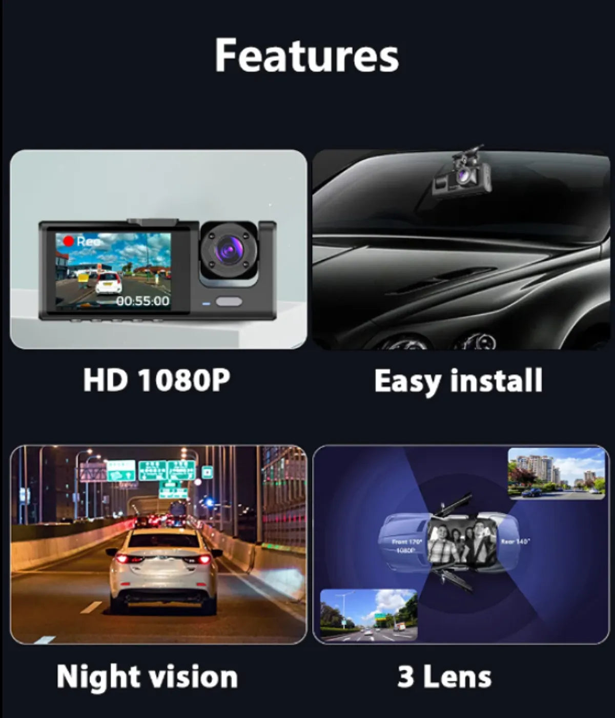 Wifi 1080P Triple Lens Car Dash Camera